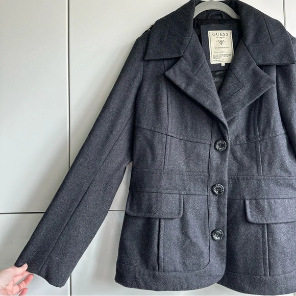 Guess Wool Coat Military Inspired Gray Size Large Pockets Button Front - Picture 2 of 9